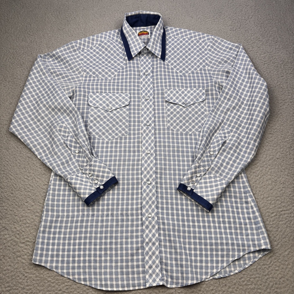 Miller Western Wear Shirt Mens Large Blue Plaid Pearl Snap Cowboy Vintage 70s